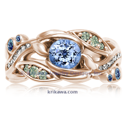 Garden Trellis in 14k rose gold with cornflower blue sapphire with green diamonds, white diamonds and blue sapphire accents