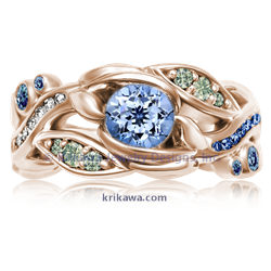 Garden Trellis Engagement Ring with Cornflower Blue sapphire, green diamonds, white diamonds and blue sapphire accents. 