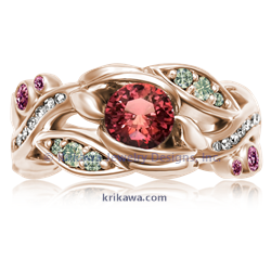 Garden Trellis Engagement Ring in 14k rose gold with Pad sapphire centerstone. Green diamonds, white diamonds and sapphire accents