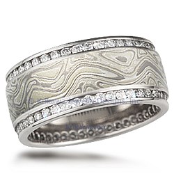 Winter Mokume Double Diamond Channel Wedding Band