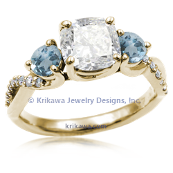 Three Stone Twist in 14k yellow gold with cushion diamond and aquamarine