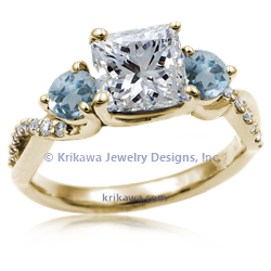 Three Stone Twist in 14k white gold with princess diamond and aquamarine