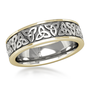 Celtic Knot Trinity Wedding Band with 14k Yellow Gold Rails in Platinum