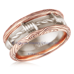 Barbed Wire 2 Wedding Band with 14k rose gold rails and 14k white gold liner