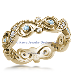 Infinity Leaf Wedding Band in 14k Yellow Gold and Aqua Blue Diamonds