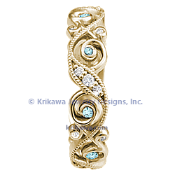 Infinity Leaf Wedding Band in 14k Yellow Gold and Aqua Blue Diamonds