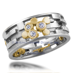 Klimt Wedding Band in platinum and 18k yellow gold with diamond accents