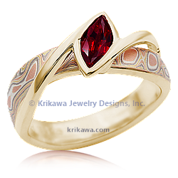 Mokume River Twist Engagement Ring 14k yellow gold and Autumn mokume band
