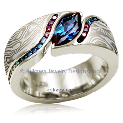 Mokume Double Wave Engagement Ring in 10k Green Gold with White Mokume