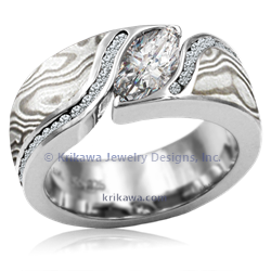 Mokume Double Wave Engagement Ring with diamonds and white mokume in platinum