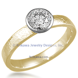 Modern Hammered Bezel Engagement Ring with 14k yellow gold band and platinum bezel