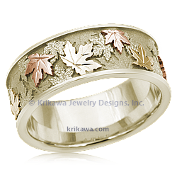 Tri-Color Maple Leaf Wedding band with 10k Green Gold Liner and Rails, 14k rose gold leaves, and 14k yellow gold leaves