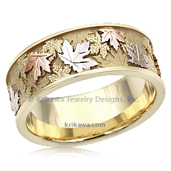 Trigold Maple Leaf Wedding Band in 14k yellow gold with 14k white and rose gold leaves