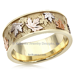 Trigold Maple Leaf Wedding Band in 14k yellow gold with 14k rose and white gold leaves