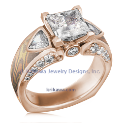 Elegant Mokume Carved Curls in 14k rose gold and trigold mokume