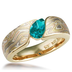 Pear Shape Mokume Wave in 14k Yellow Gold and Autumn Mokume with Turquoise Sapphire