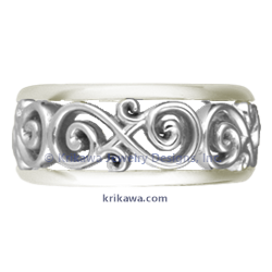 Ornate Infinity Wedding Band with Rails in platinum and 10k Green Gold