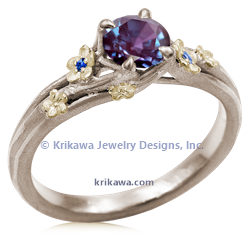 Plum Blossom Engagement Ring with round alexandrite, blue sapphire accents, 14k white and yellow gold
