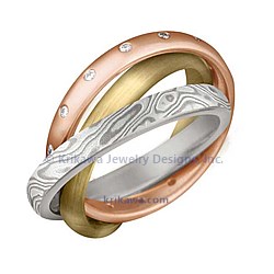 ROLL white mokume brushed 18k yellow gold 14k rose gold diamond accents