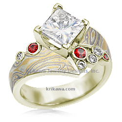 SFME 14kY Liner Summer Mokume Mixed Diamond/Ruby Accents