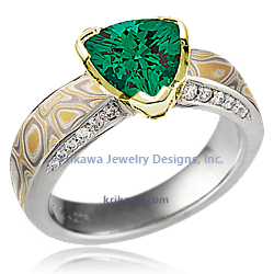 Trillion Silhouette Engagement Ring with Summer Mokume and Emerald