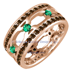 Tribal Double Diamond Thorn Band - 14k rose gold, emeralds, c8 champagne diamond accents