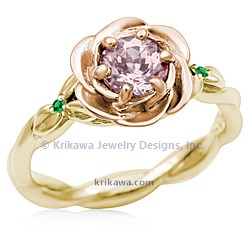TRER twisted rose 14k rose head yellow shank peach sapphire green accents