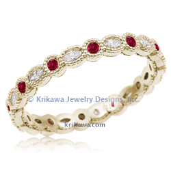 Vintage Scalloped Lace Wedding Band 14k yellow gold with diamonds and rubies