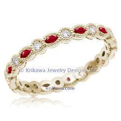 Vintage scalloped lace wedding band 14k yg with diamonds and rubies