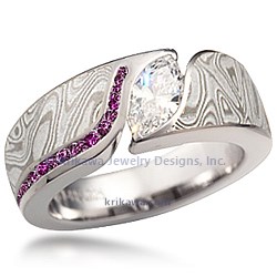 White Mokume Wave Engagement Ring with Purple Diamonds