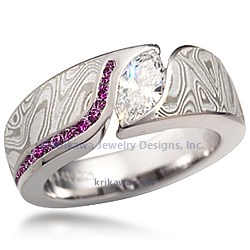 White Mokume Wave Engagement Ring with Purple Diamonds