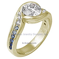 14k Yellow Gold Carved Wave Engagement Ring with Sapphires Tapering to Diamond