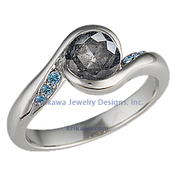 Carved Wave Light Engagement Ring with Salt Pepper Diamond and Lab Blue Diamond Accents