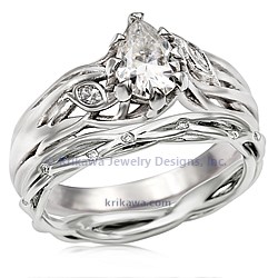 Diamond Leaf Tree Branch Engagement Ring with Scattered Diamond Tree Branch Wedding Band