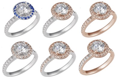 halo engagement ring with different variations of color