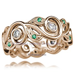Vine and Leaf Wedding Band with Emerald and Diamond Accents
