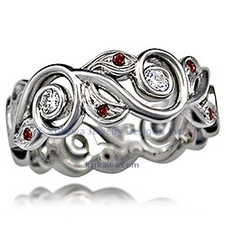 Vine and Leaf Wedding Band with White and Red Diamonds