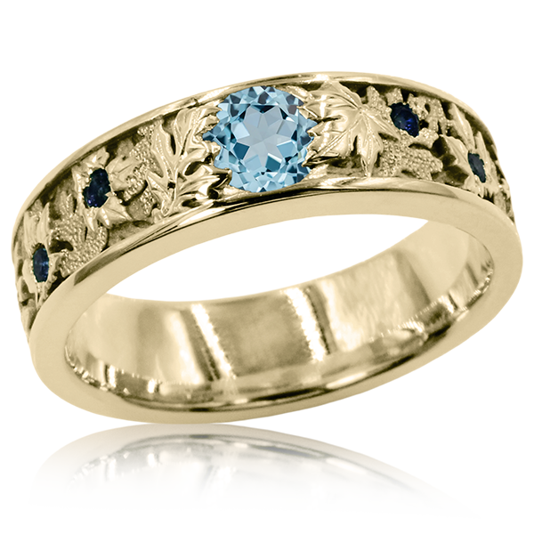 Forest Crown Engagement Ring Aqua Blue Sapphire, 14k Yellow Gold, Blue Sapphire accents