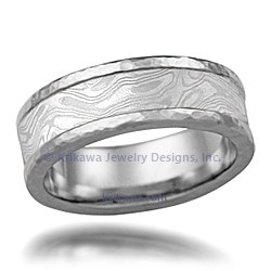Iced Platinum Mokume Wedding Band with Platinum Hammered Rails