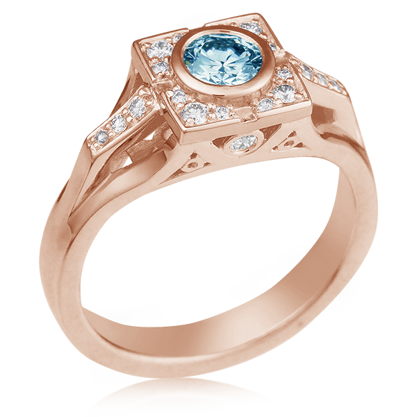 Deco Halo Engagement Ring 14k Rose Gold with Aqua center stone