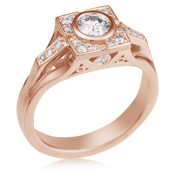 Deco Halo Engagement Ring 14k Rose Gold with all white diamonds