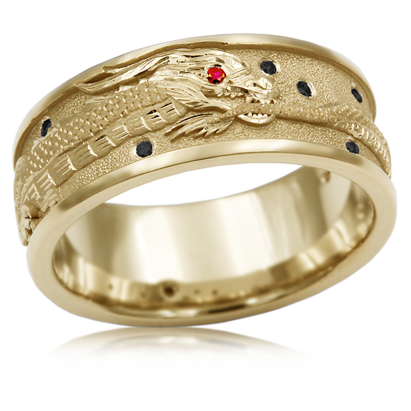 Dragon Ouroboros Wedding Band 14k Yellow Gold Red Diamond Eye Black Diamond Sky