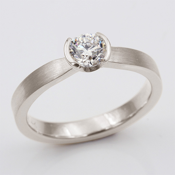 Modern Taper Engagement Ring with Brushed Finish 14k White Gold Half Bezel