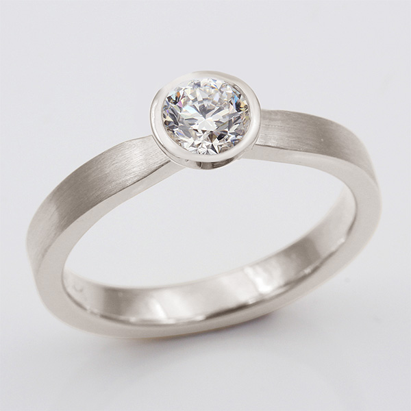 Modern Taper Engagement Ring with Brushed Finish 14k White Gold Full Bezel