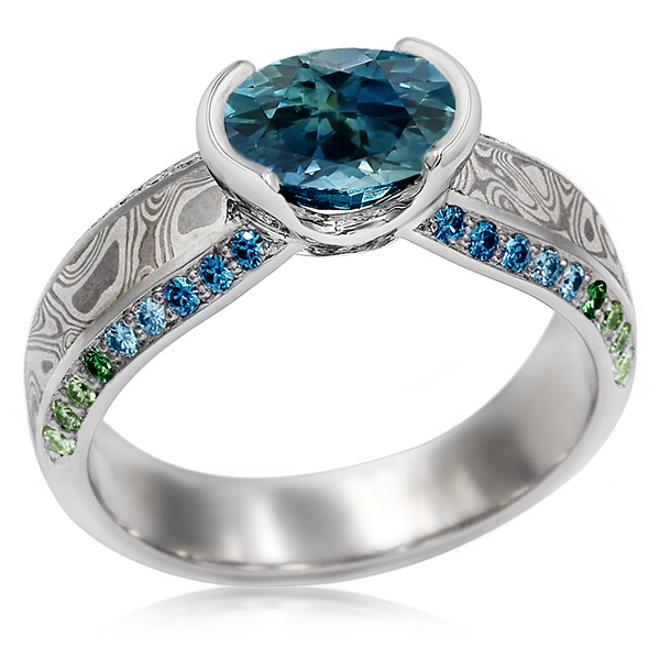 Mokume Diamond Silhouette Engagement Ring with Sapphire and Diamond Graduation