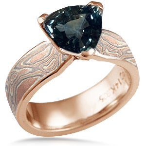 14k Rose Gold Champagne Trillion Sapphire Mokume Tapered Solitaire Engagement Ring