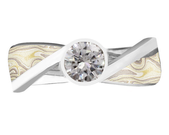 River Twist Mokume Engagement Ring Winter Mokume and Round Bezel