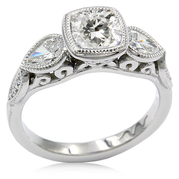 Three Stone Antique Cushion Bezel Engagement Ring with Diamond