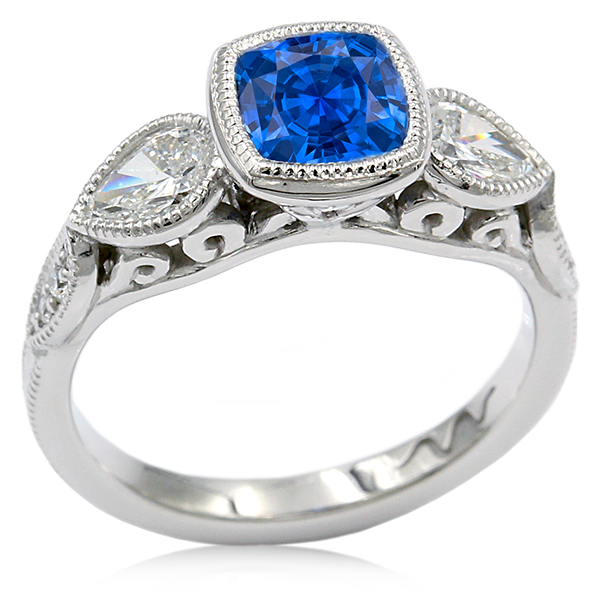 Three Stone Antique Cushion Bezel Engagement Ring with Blue Sapphire