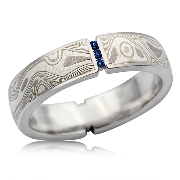 Vertical Floating Mokume Wedding Band White Mokume Blue Sapphire Accents